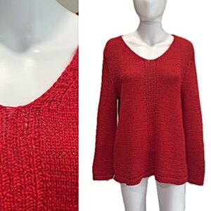 Chico's Cherry Red Crochet Knit V-Neck Sweater Size 2 Large Long Bell Sleeve